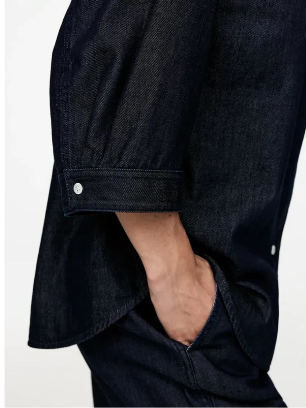 ARKET collarless 3/4 sleeve raw denim button up shirt - Picture 3 of 8